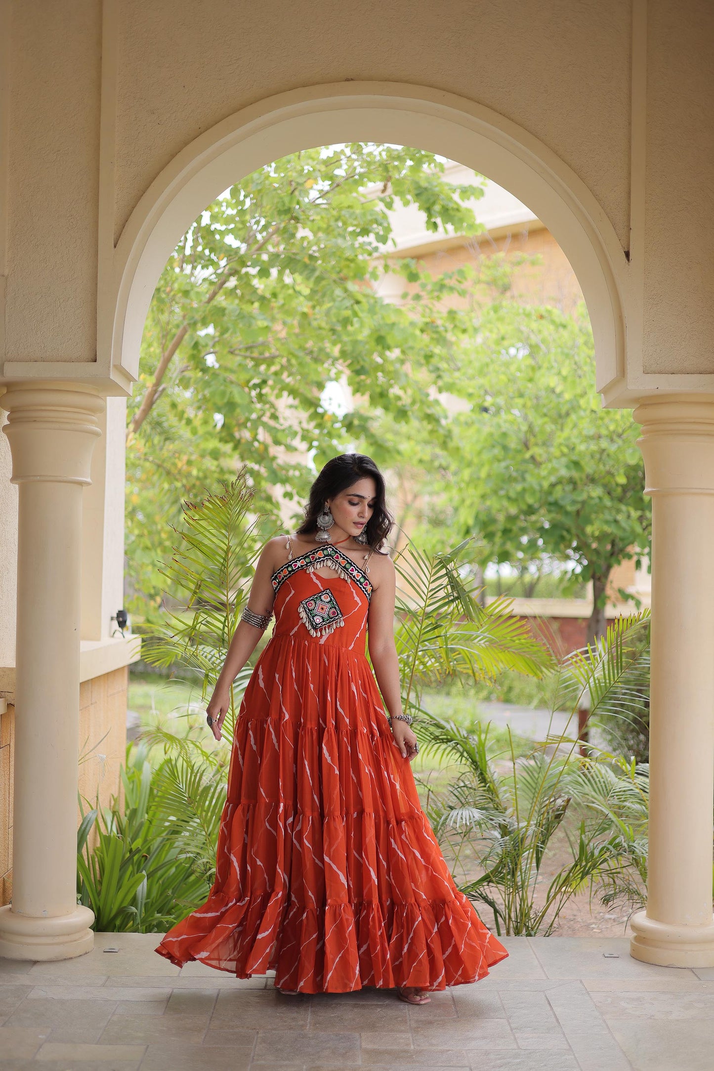 Orange Faux Georgette Lehariya Print & Kutchi Patchwork Navratri Gown