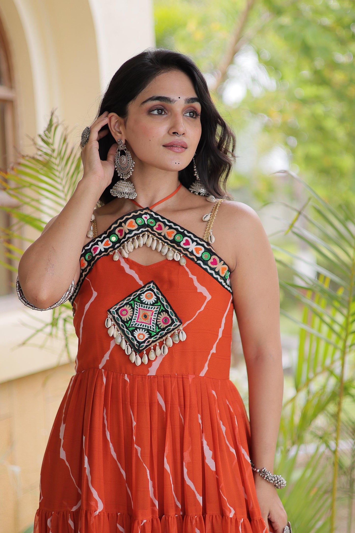 Orange Faux Georgette Lehariya Print & Kutchi Patchwork Navratri Gown