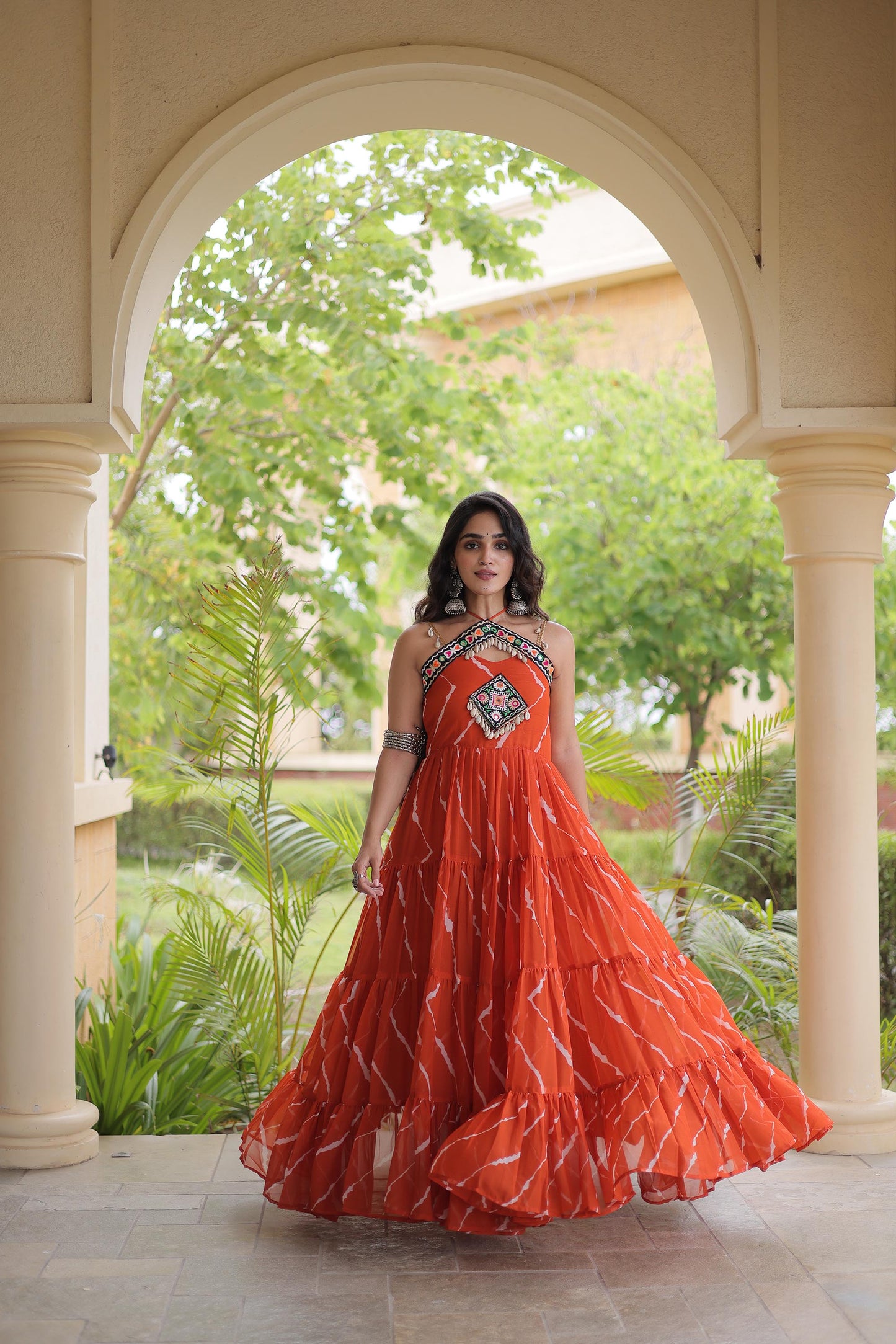 Orange Faux Georgette Lehariya Print & Kutchi Patchwork Navratri Gown