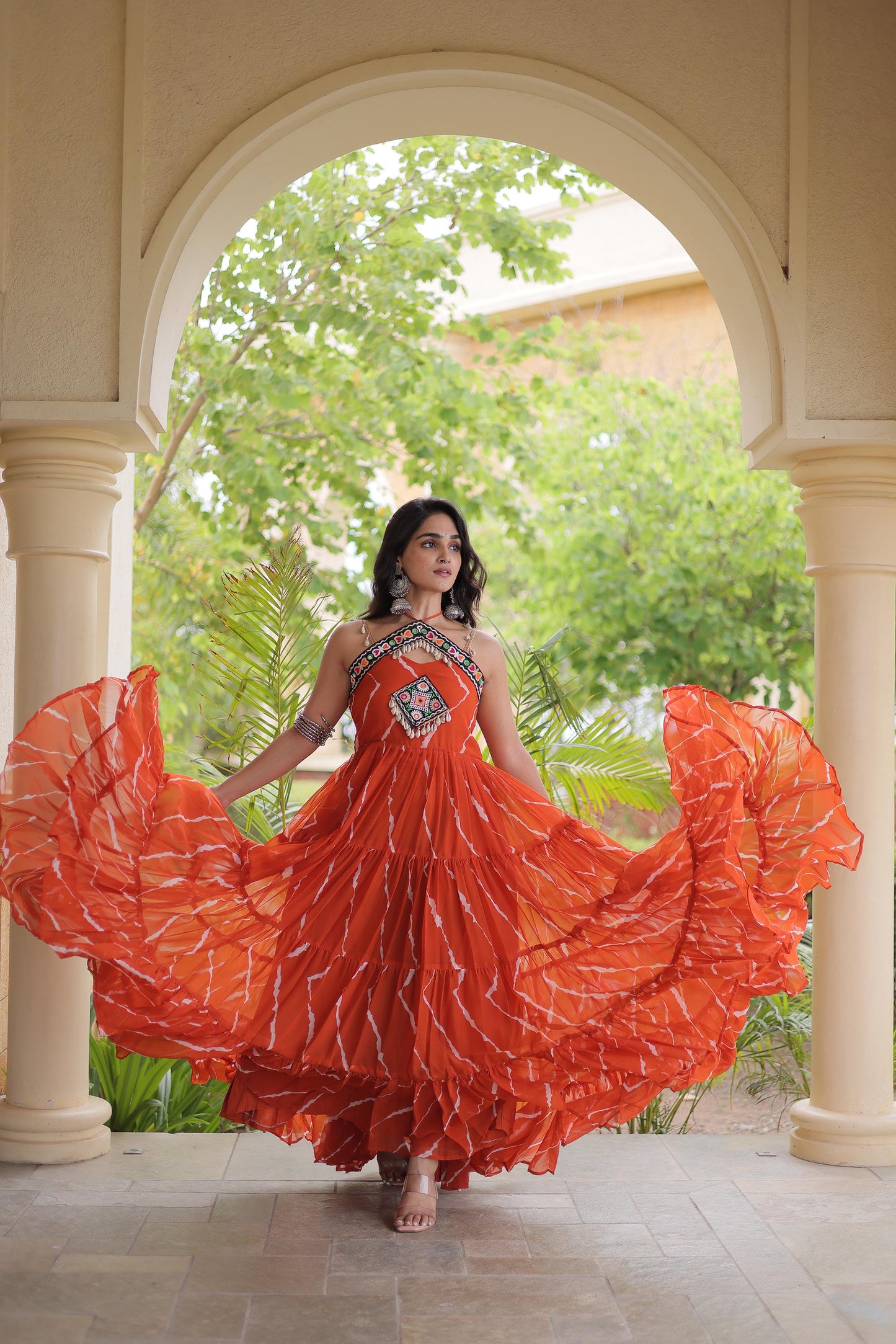Orange Faux Georgette Lehariya Print & Kutchi Patchwork Navratri Gown