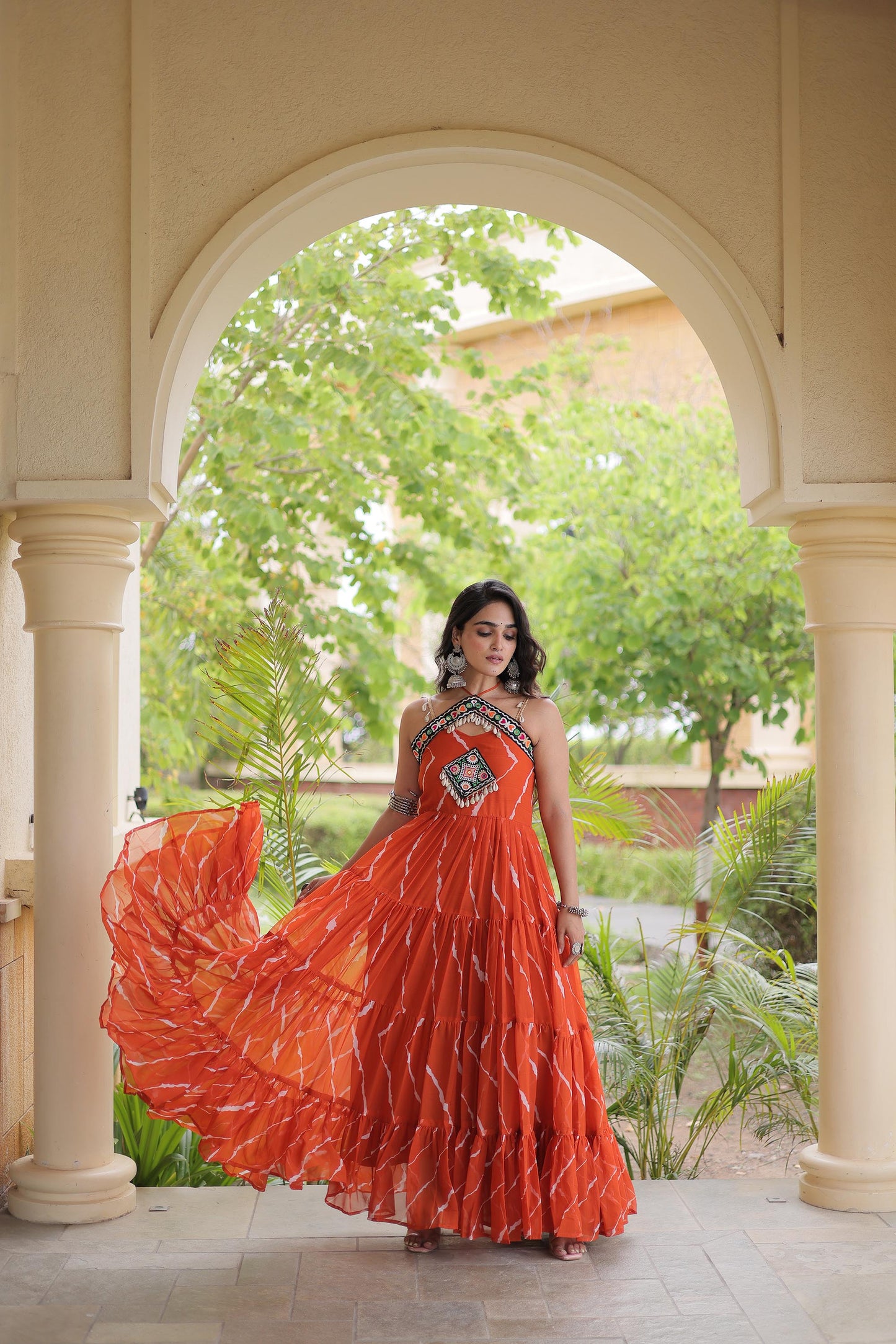 Orange Faux Georgette Lehariya Print & Kutchi Patchwork Navratri Gown
