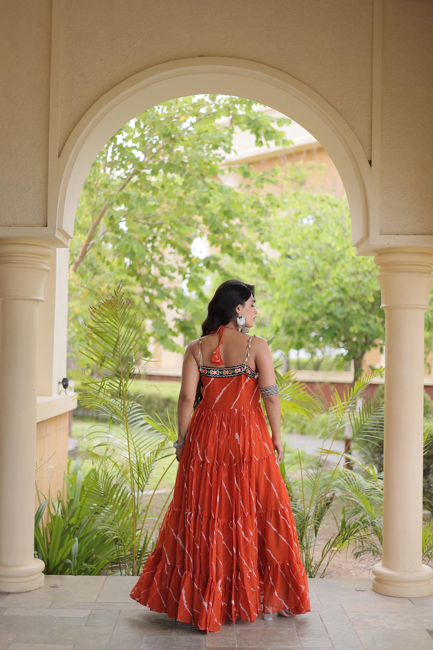 Orange Faux Georgette Lehariya Print & Kutchi Patchwork Navratri Gown