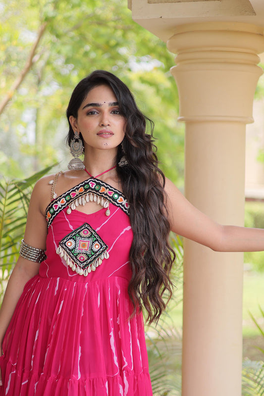 Pink Faux Georgette Lehariya Print & Kutchi Patchwork Navratri Gown