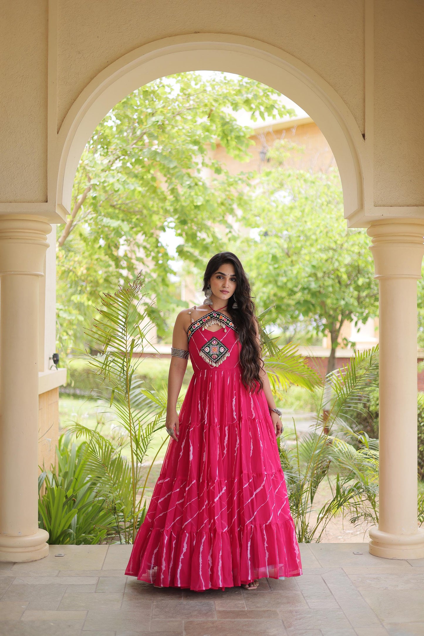 Pink Faux Georgette Lehariya Print & Kutchi Patchwork Navratri Gown