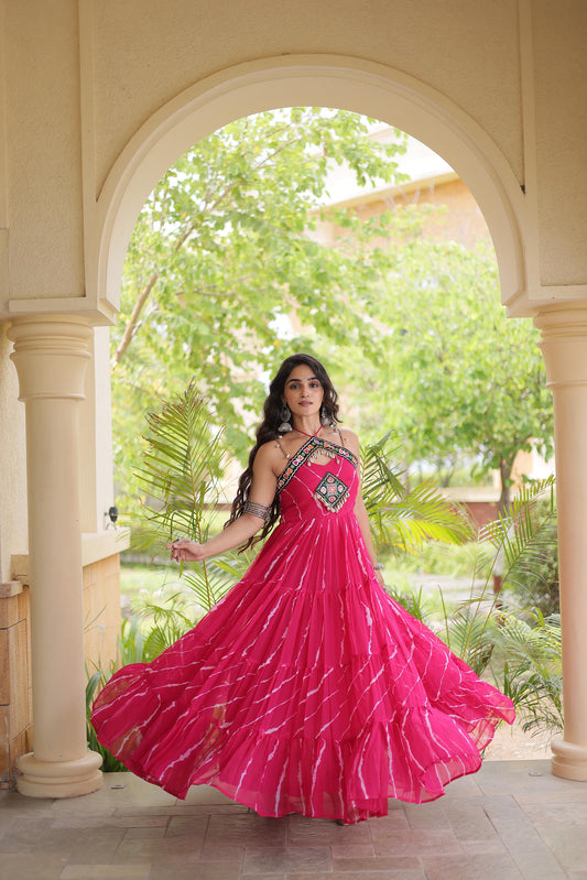Pink Faux Georgette Lehariya Print & Kutchi Patchwork Navratri Gown