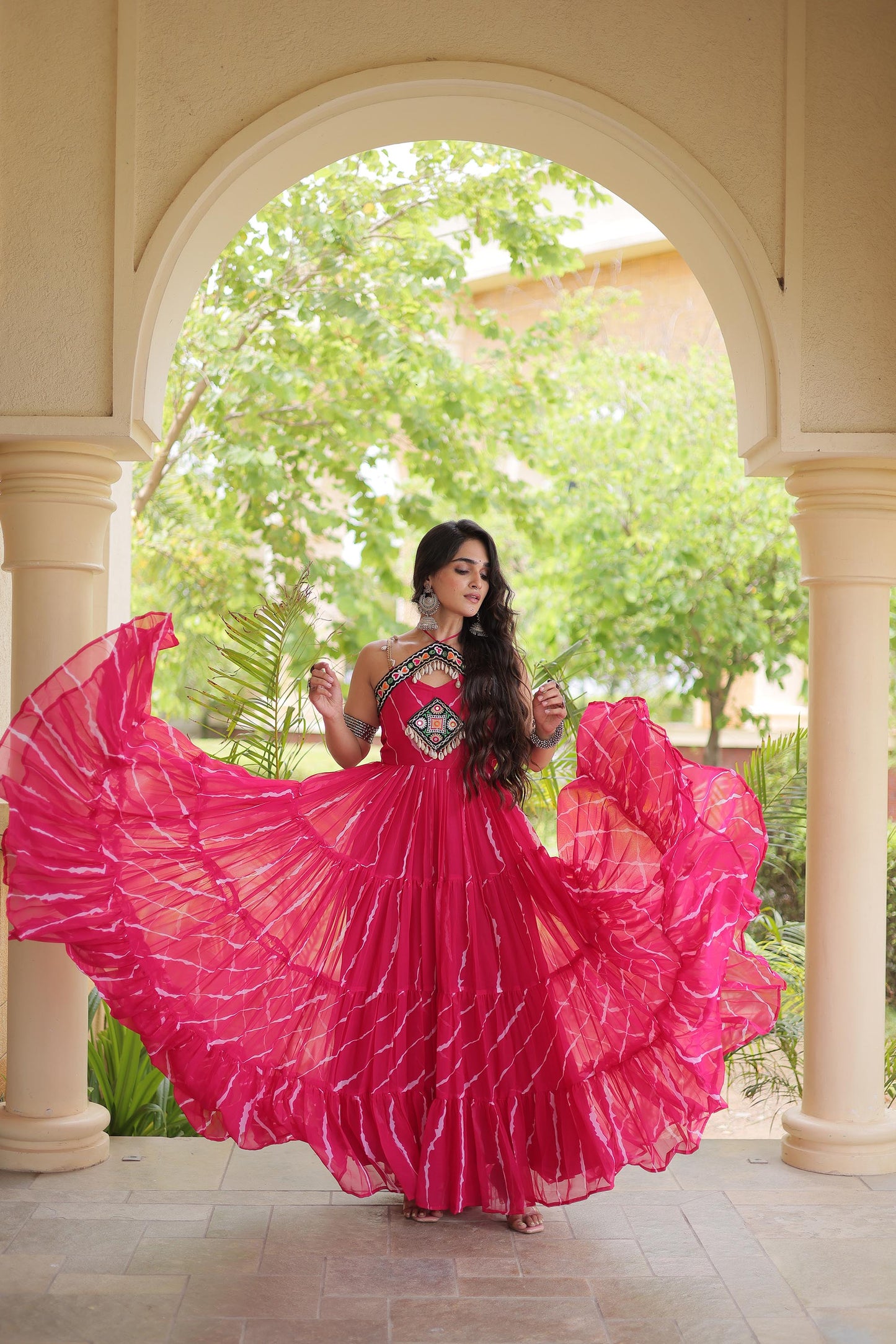Pink Faux Georgette Lehariya Print & Kutchi Patchwork Navratri Gown
