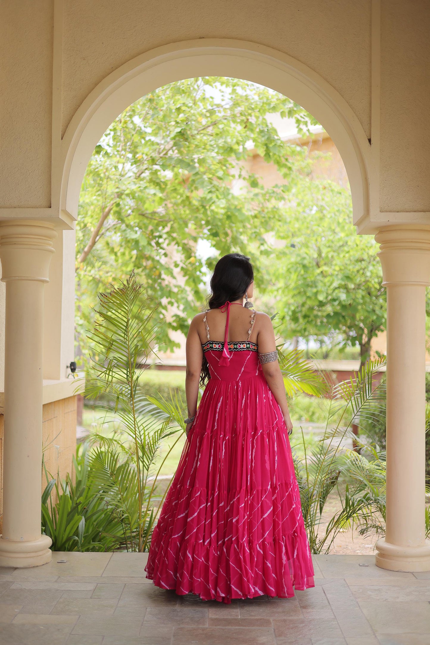 Pink Faux Georgette Lehariya Print & Kutchi Patchwork Navratri Gown