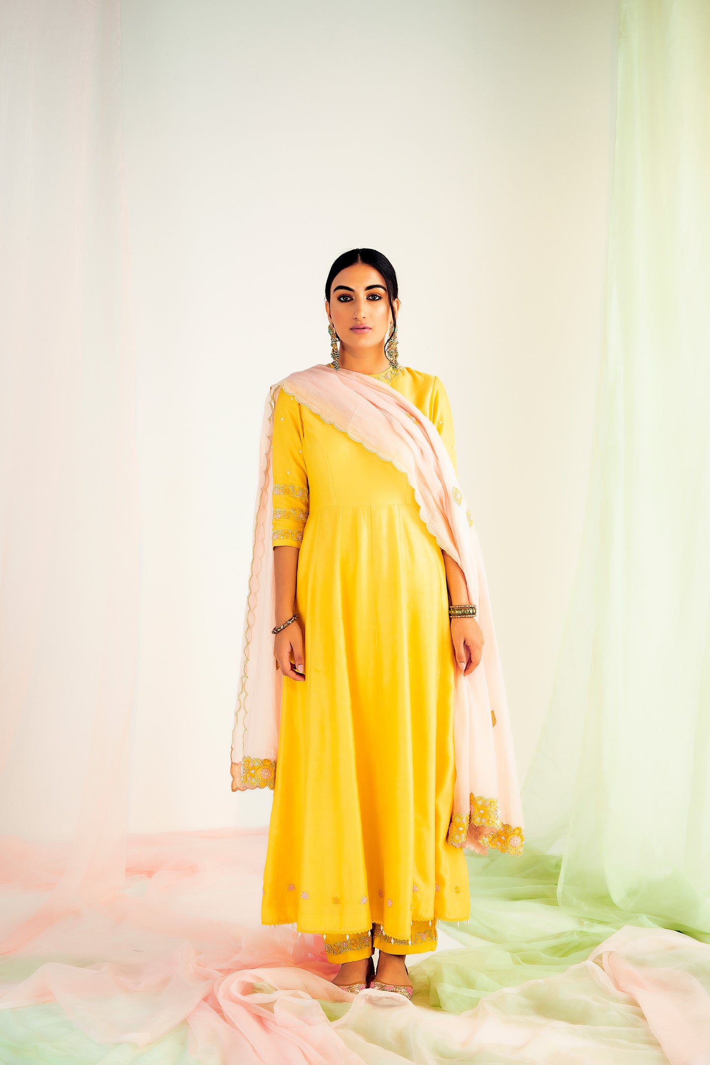 Ayisha Hand Embroidered Yellow Chanderi Silk Kurta Set