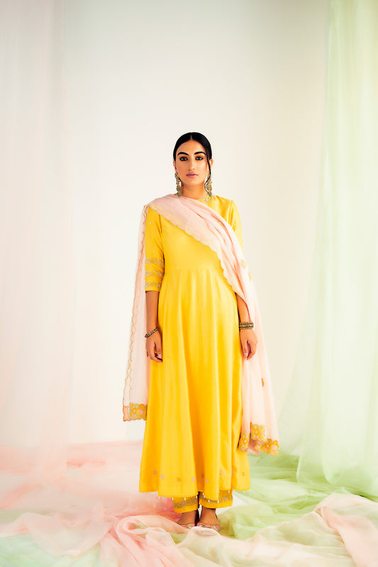 Ayisha Hand Embroidered Yellow Chanderi Silk Kurta Set