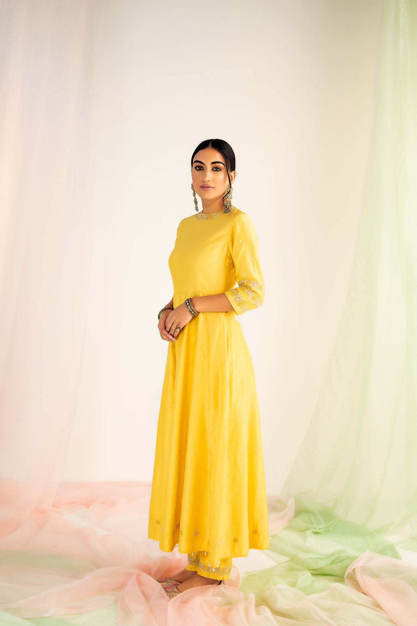 Ayisha Hand Embroidered Yellow Chanderi Silk Kurta Set