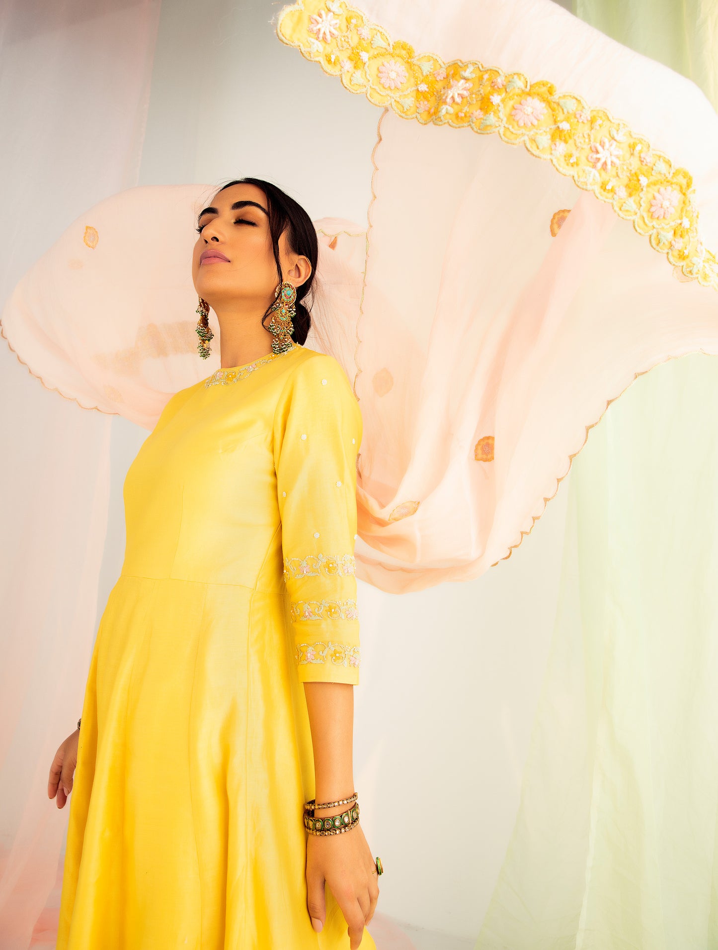 Ayisha Hand Embroidered Yellow Chanderi Silk Kurta Set