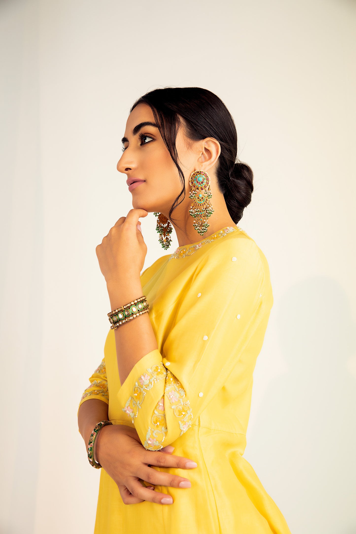 Ayisha Hand Embroidered Yellow Chanderi Silk Kurta Set