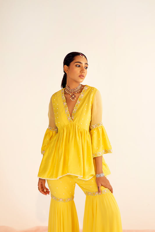 Yellow Peplum Chanderi Silk Elysian Sharara Set