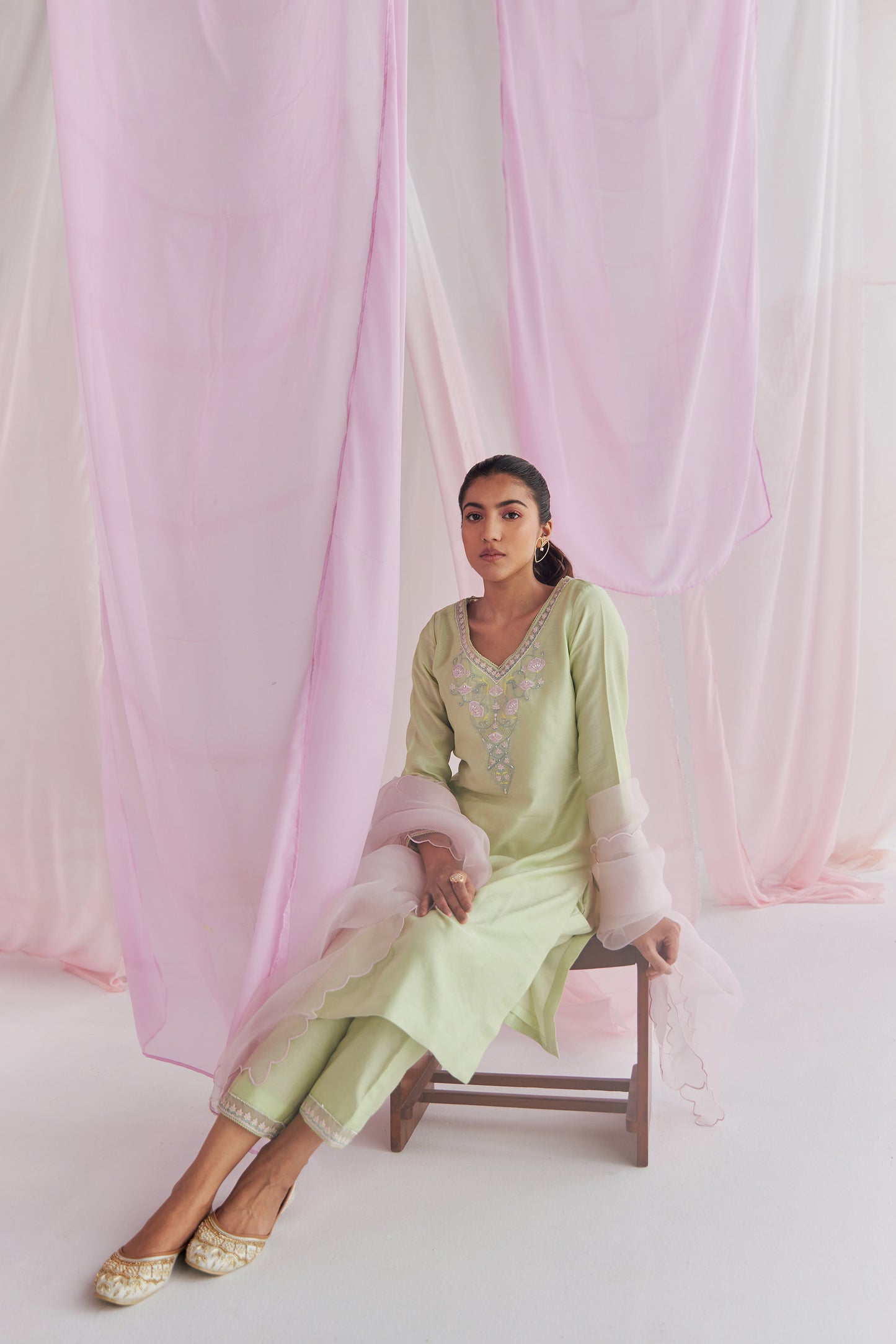 Sadira Chanderi Silk Resham Embroidered Mint Green Kurta Set