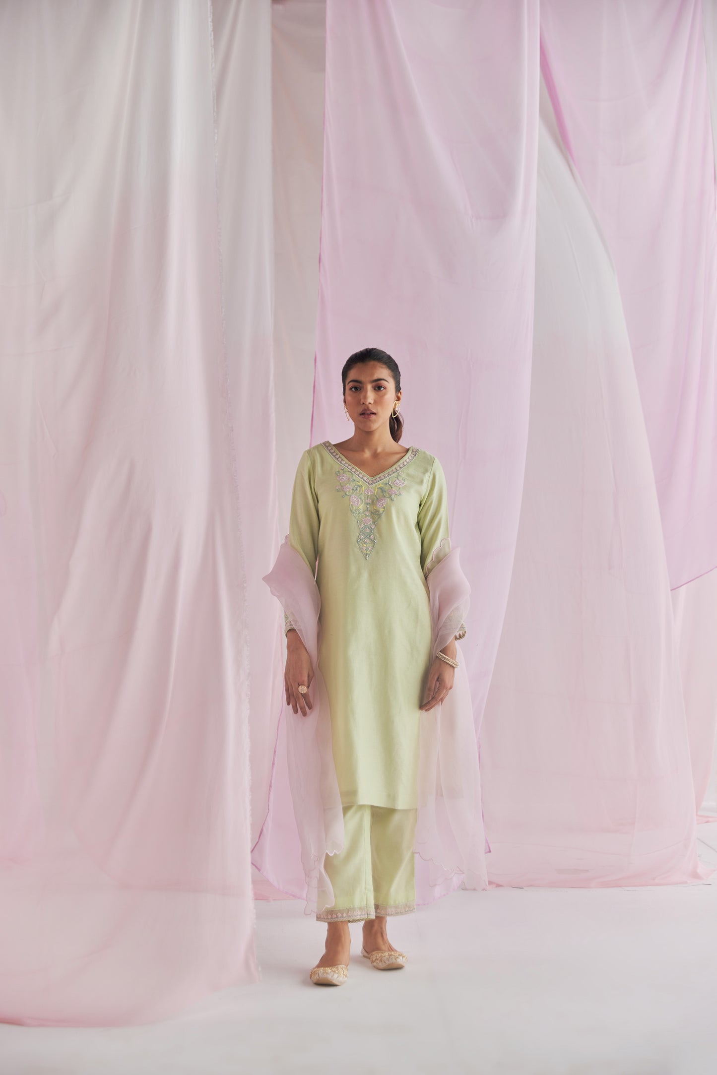 Sadira Chanderi Silk Resham Embroidered Mint Green Kurta Set