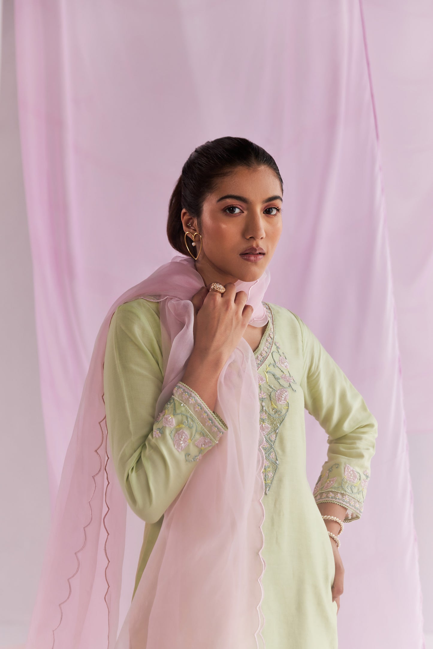 Sadira Chanderi Silk Resham Embroidered Mint Green Kurta Set