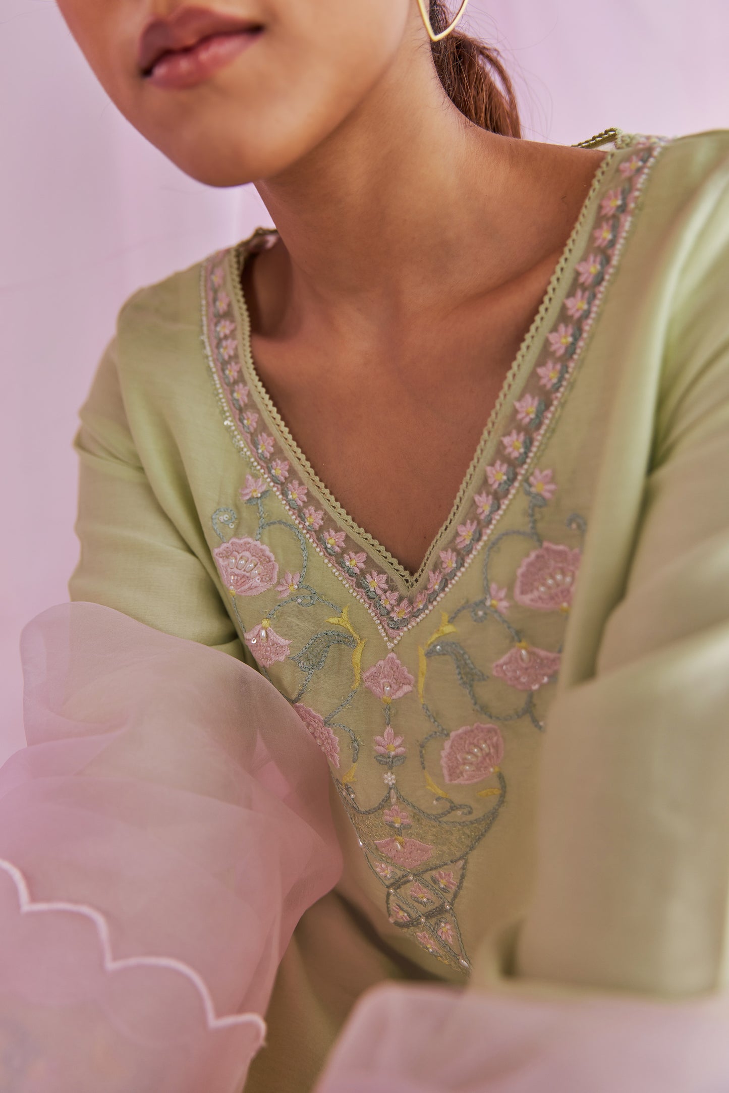Sadira Chanderi Silk Resham Embroidered Mint Green Kurta Set