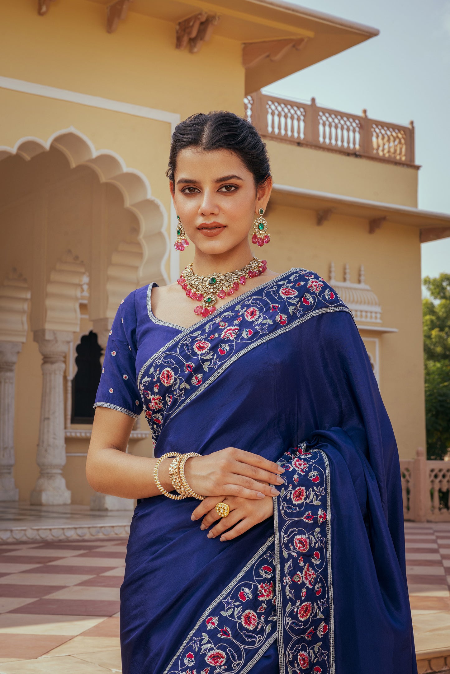 Mavi Zarkan Embrodiered Pure Dupion Silk Blue Saree Set