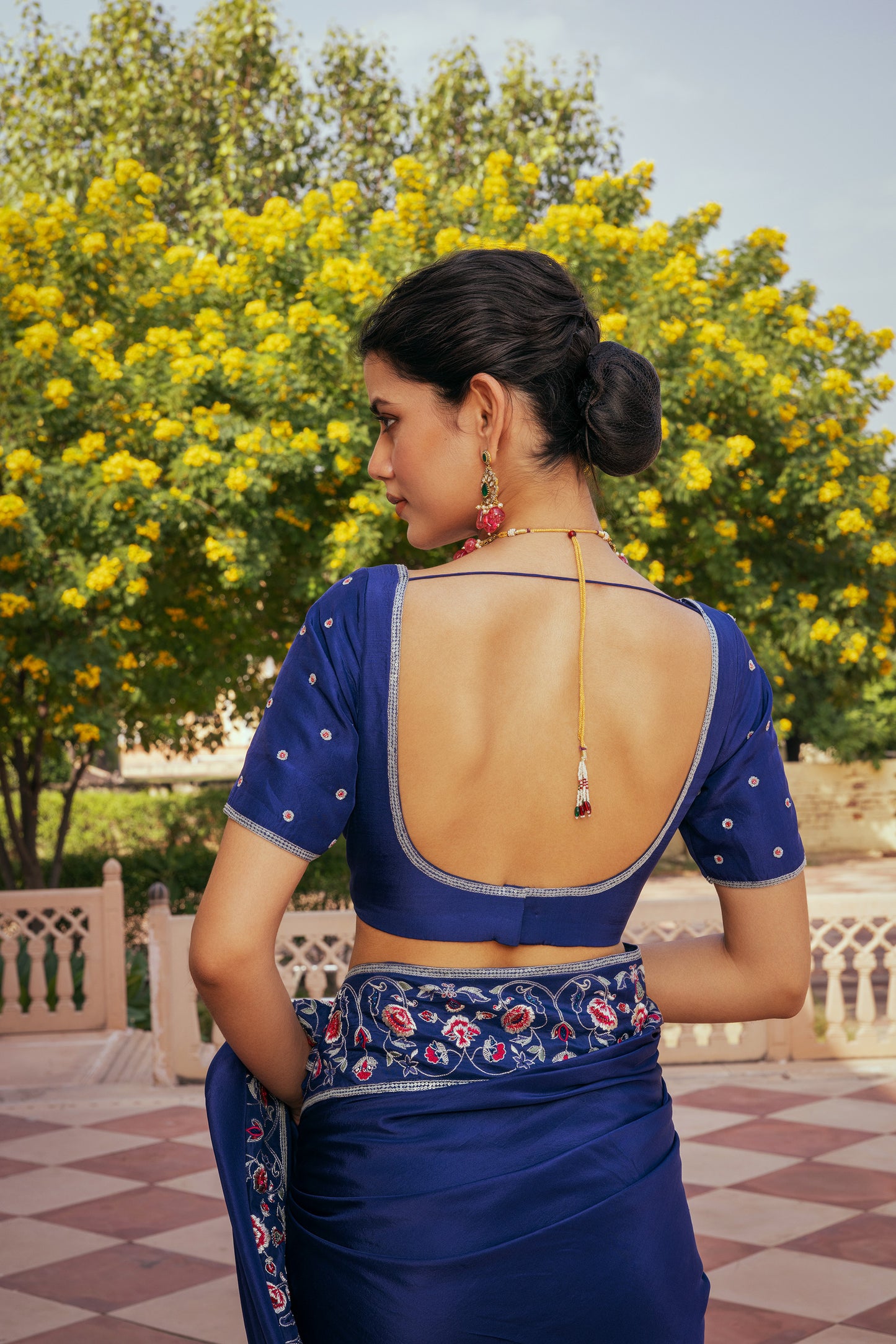 Mavi Zarkan Embrodiered Pure Dupion Silk Blue Saree Set