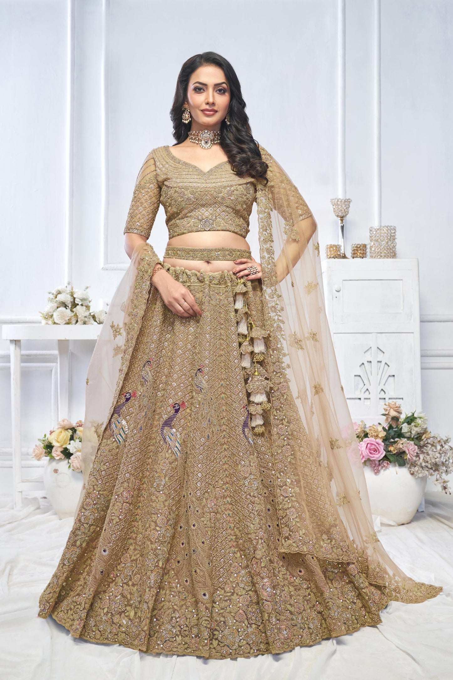 Brown Heavy Sequins & Zari Embroidered Soft Net Bridal Wear Lehenga