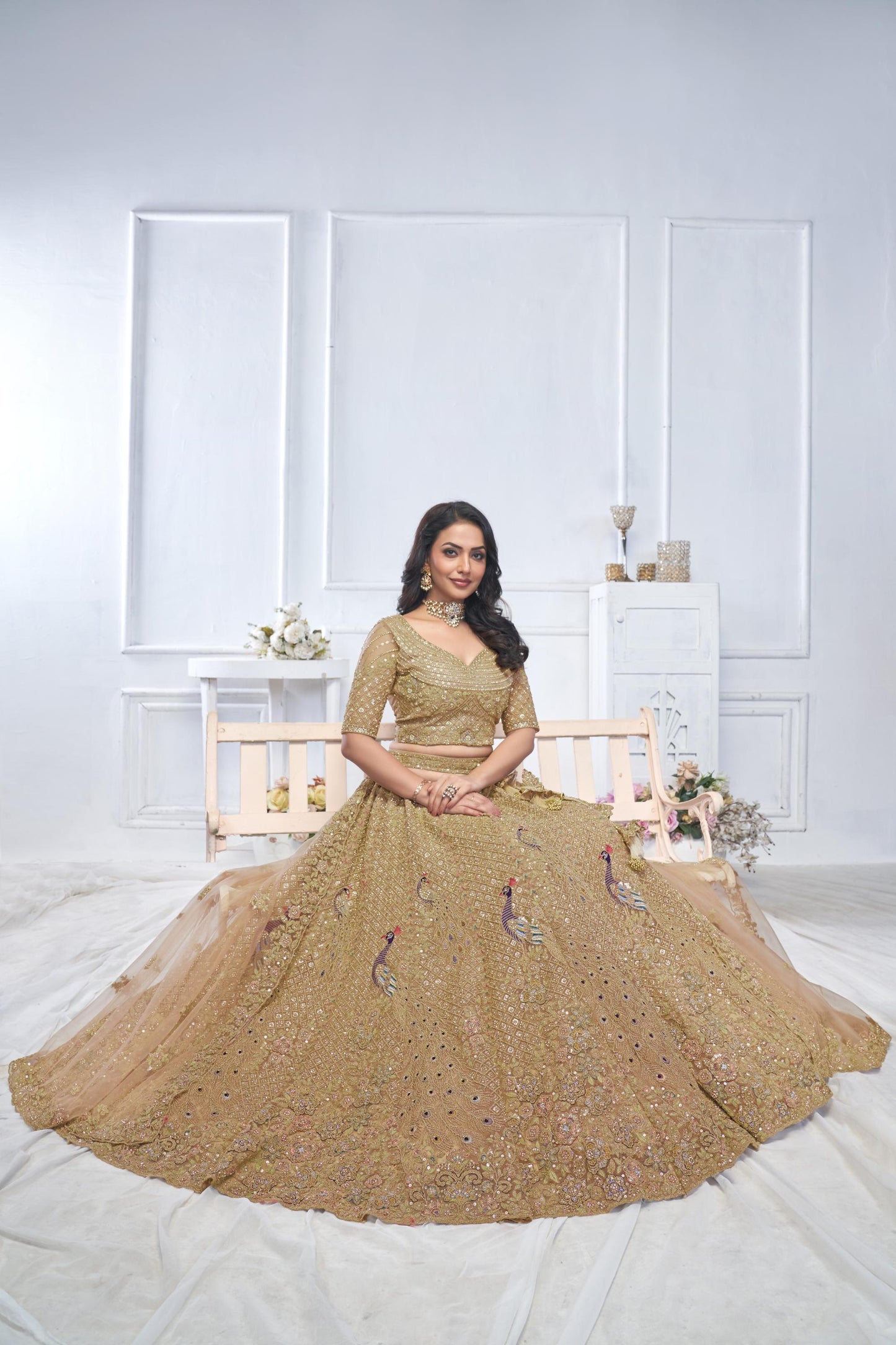 Brown Heavy Sequins & Zari Embroidered Soft Net Bridal Wear Lehenga