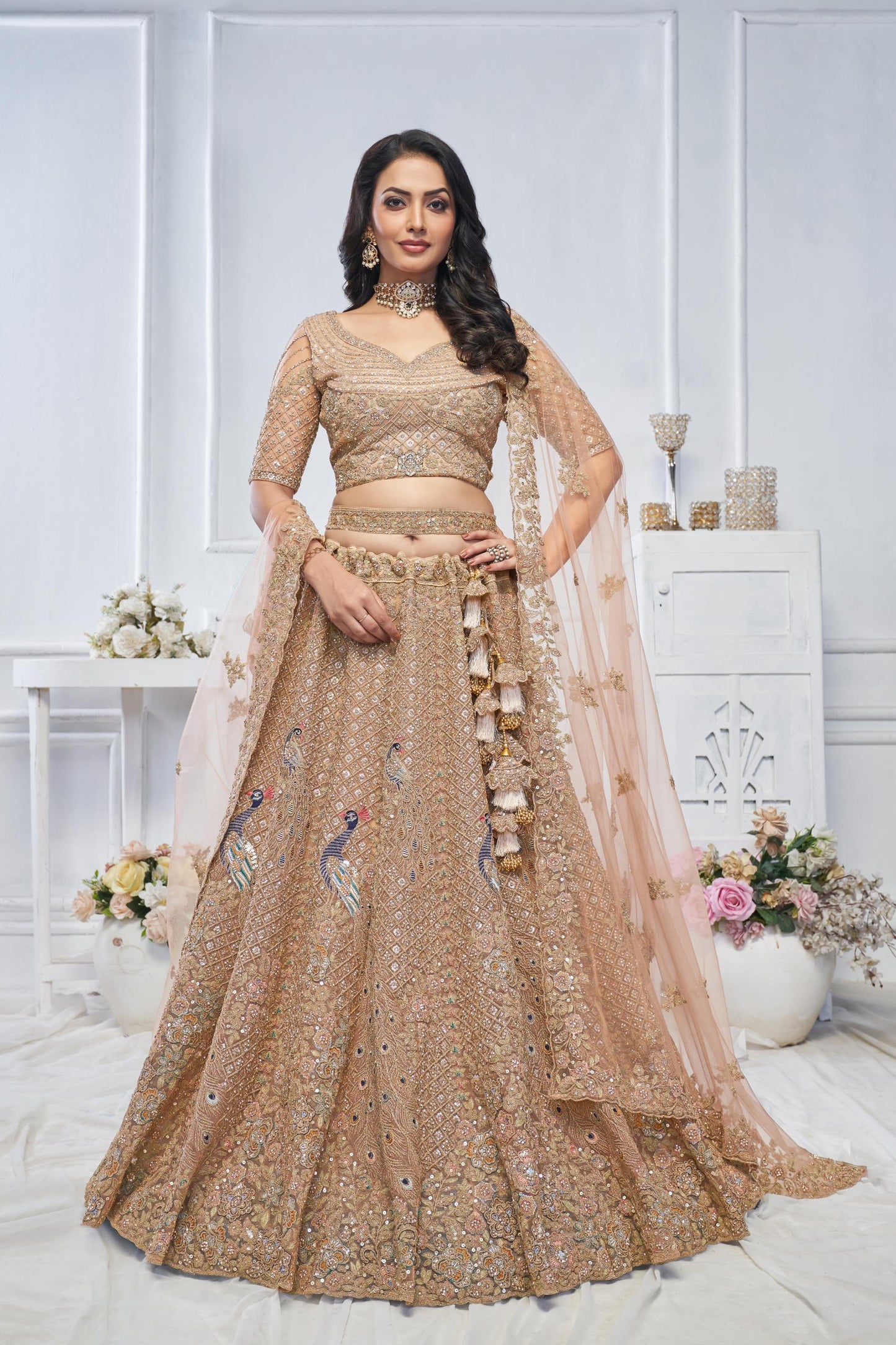 Beige Heavy Sequins & Zari Embroidered Soft Net Bridal Wear Lehenga
