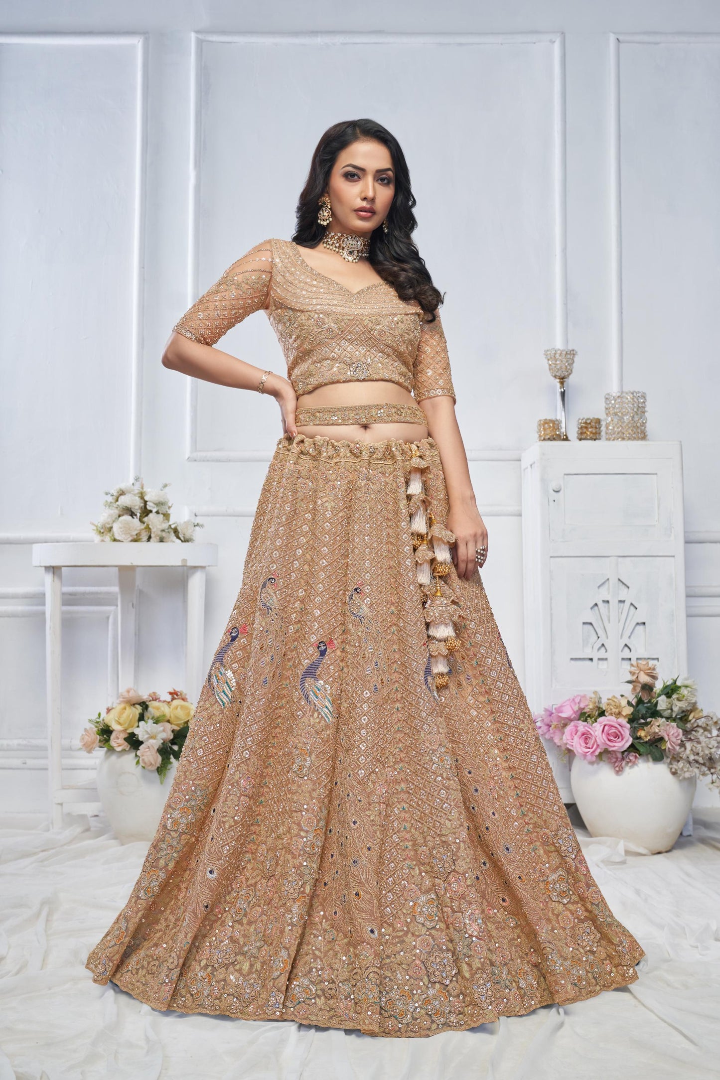 Beige Heavy Sequins & Zari Embroidered Soft Net Bridal Wear Lehenga