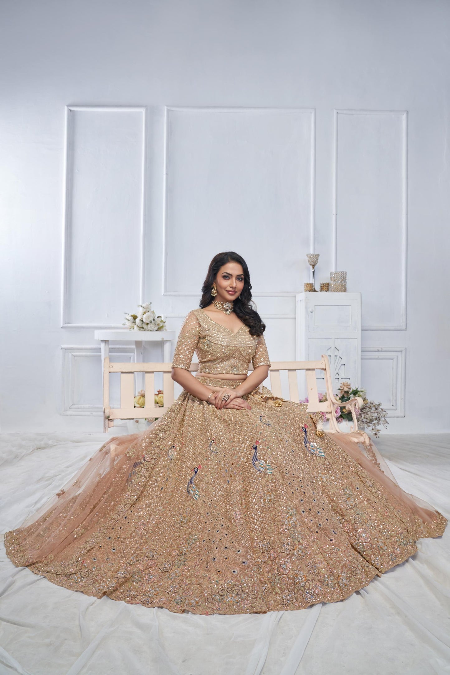Beige Heavy Sequins & Zari Embroidered Soft Net Bridal Wear Lehenga