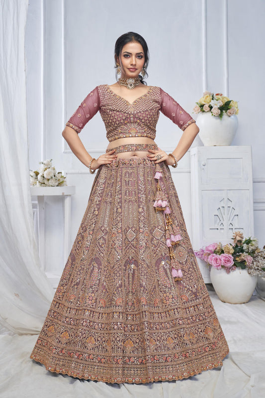 Onion Pink Soft Net With Paisley And Peacock Motifs Bridal Lehenga