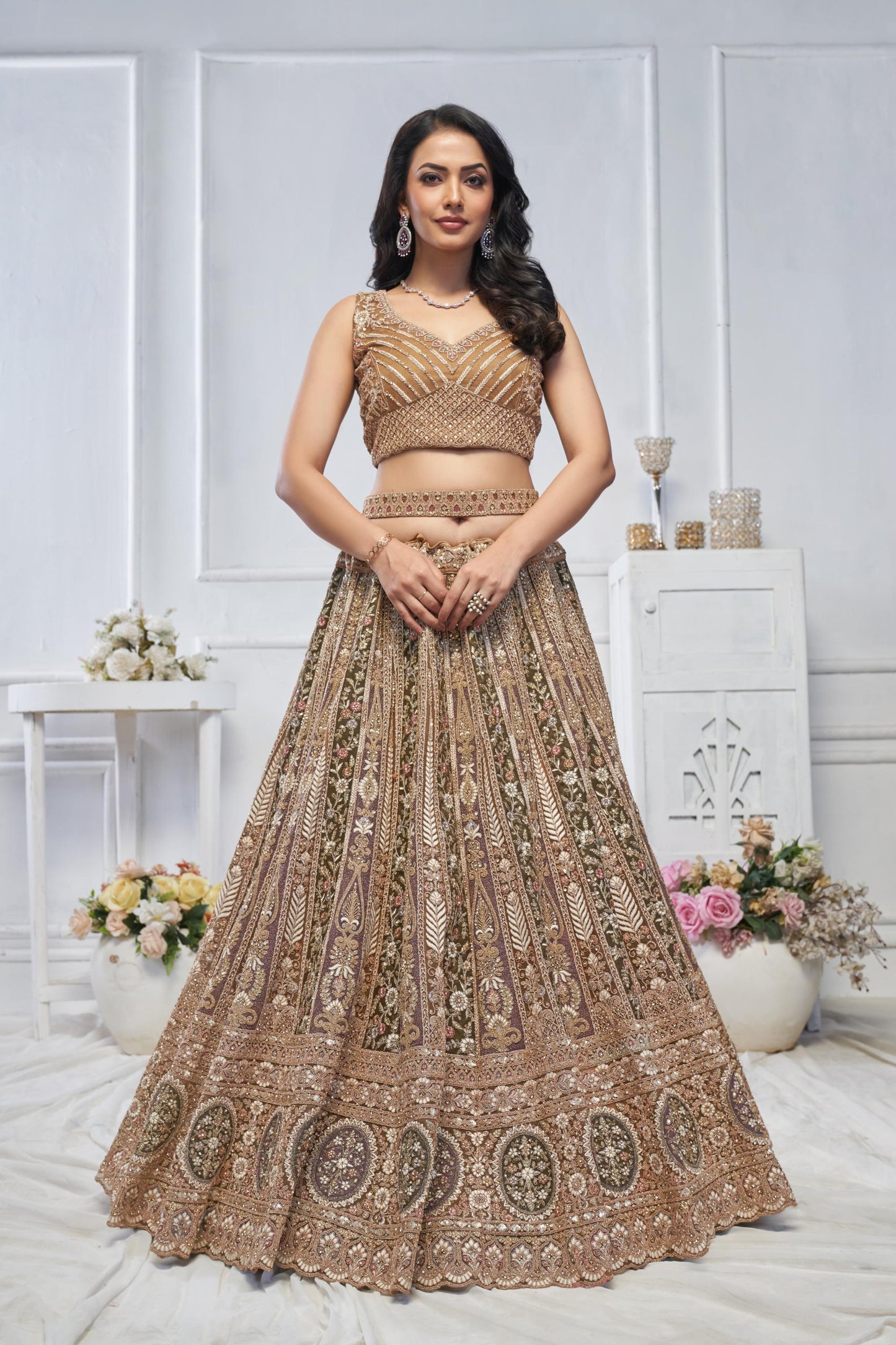 Majestic Brown Soft Net Zari, And Thread Work Bridal Lehenga