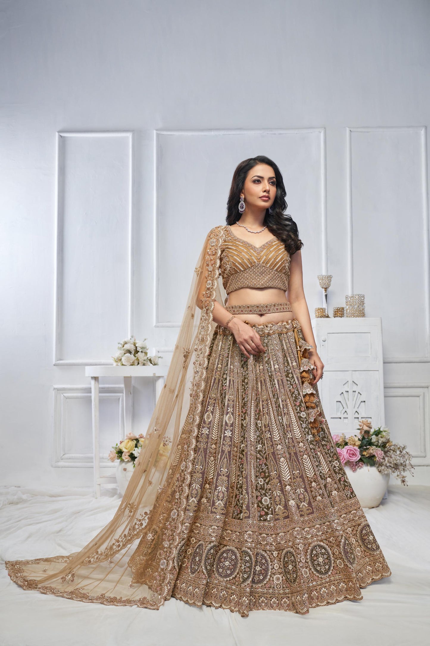 Majestic Brown Soft Net Zari, And Thread Work Bridal Lehenga