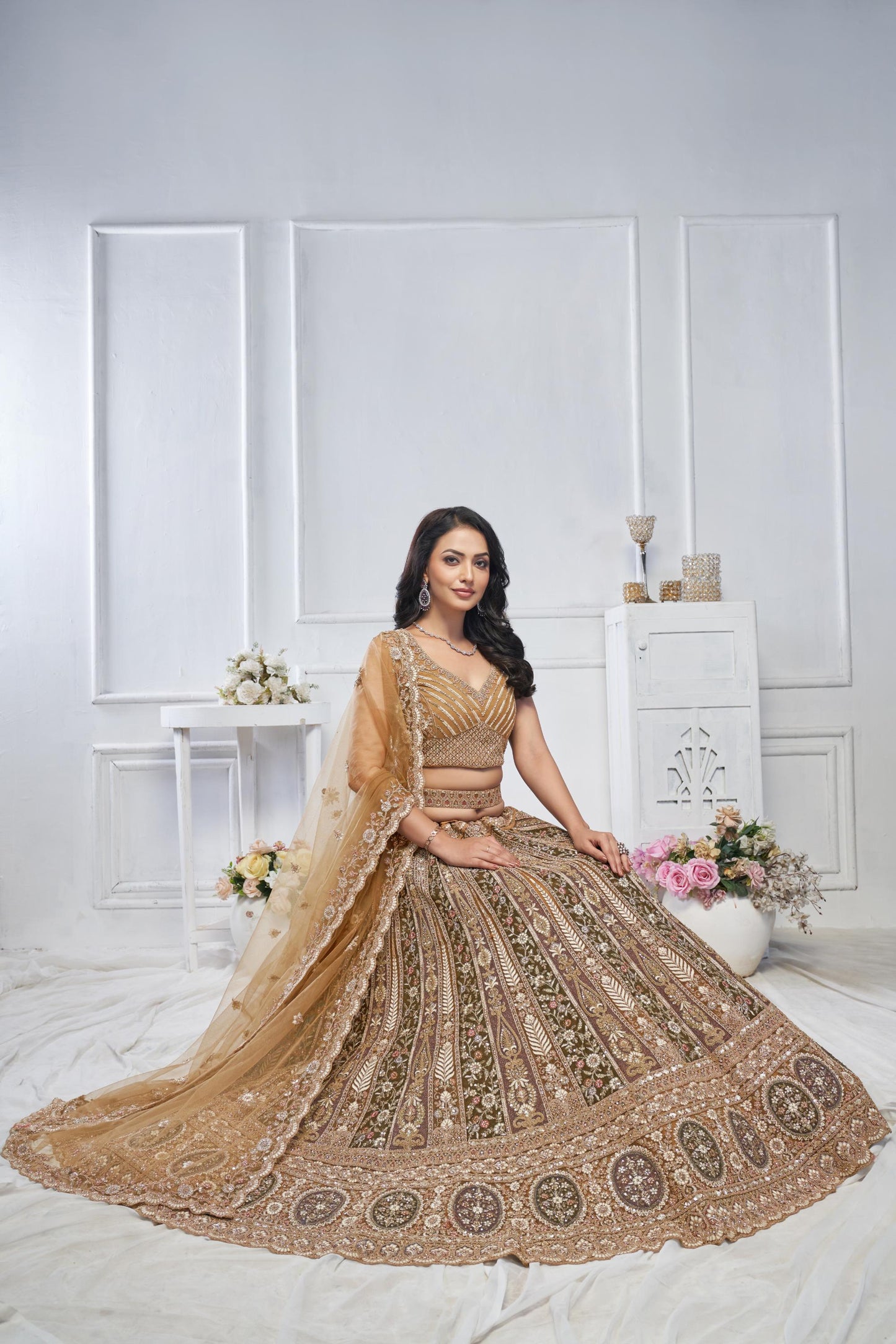 Majestic Brown Soft Net Zari, And Thread Work Bridal Lehenga
