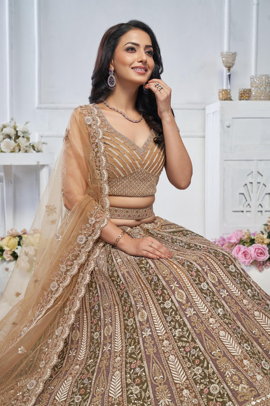 Majestic Brown Soft Net Zari, And Thread Work Bridal Lehenga