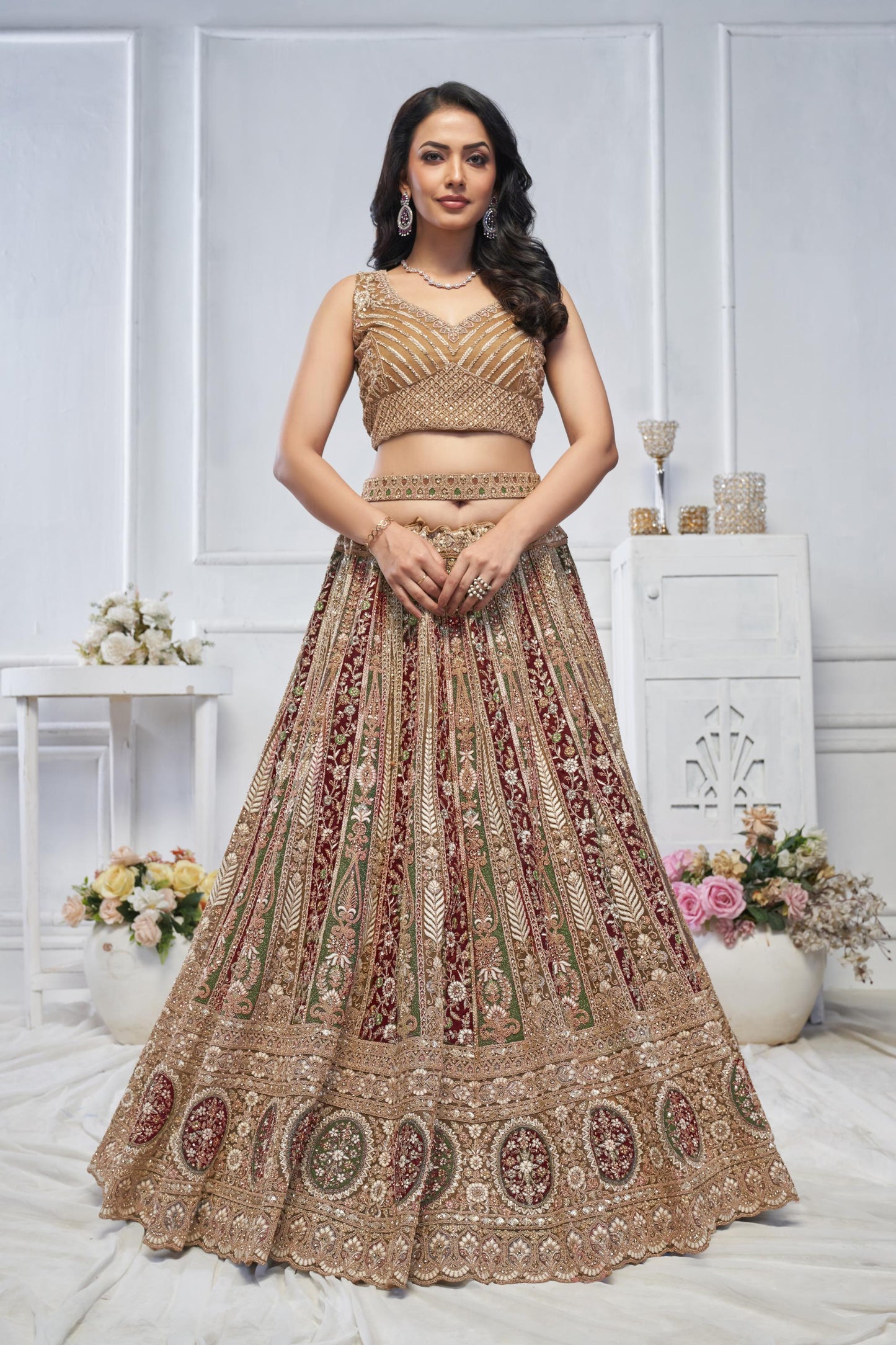 Majestic Brown Soft Net Zari, And Thread Work Bridal Lehenga