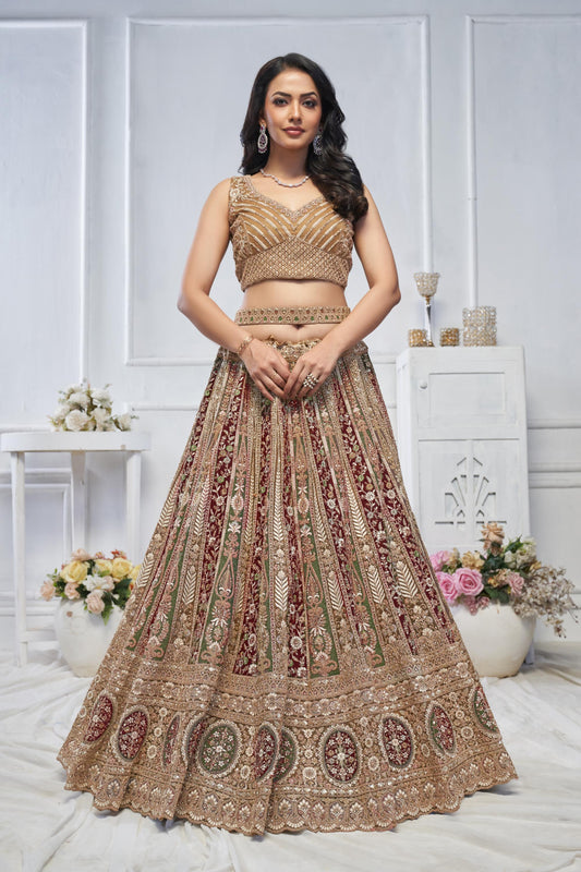Majestic Brown Soft Net Zari, And Thread Work Bridal Lehenga
