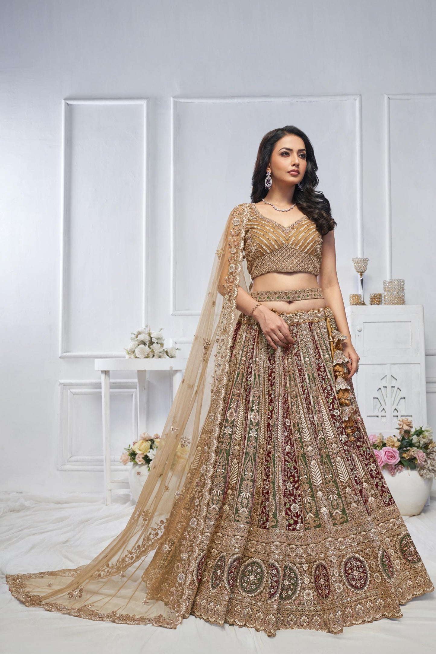 Majestic Gold Leaf Pattern Zari & Thread Embroidered Soft Net Bridal Lehenga