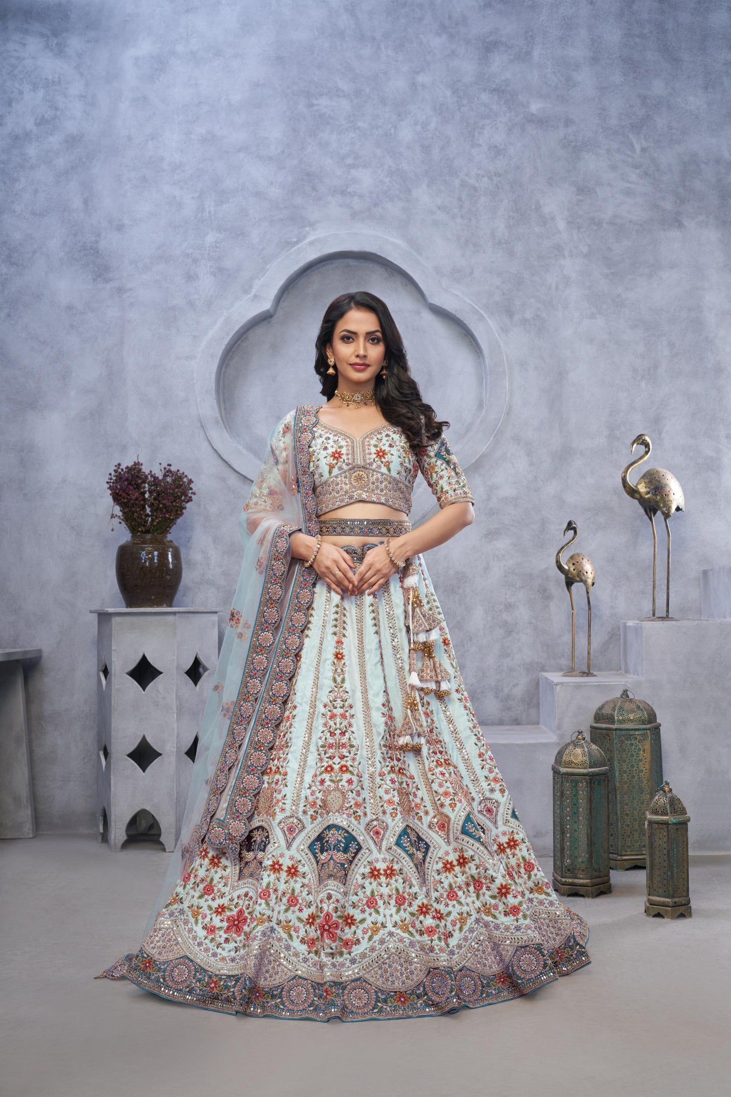 Sky Blue Banarasi Silk Lehenga With Zari Paisley Embroidery & Peacock Motifs