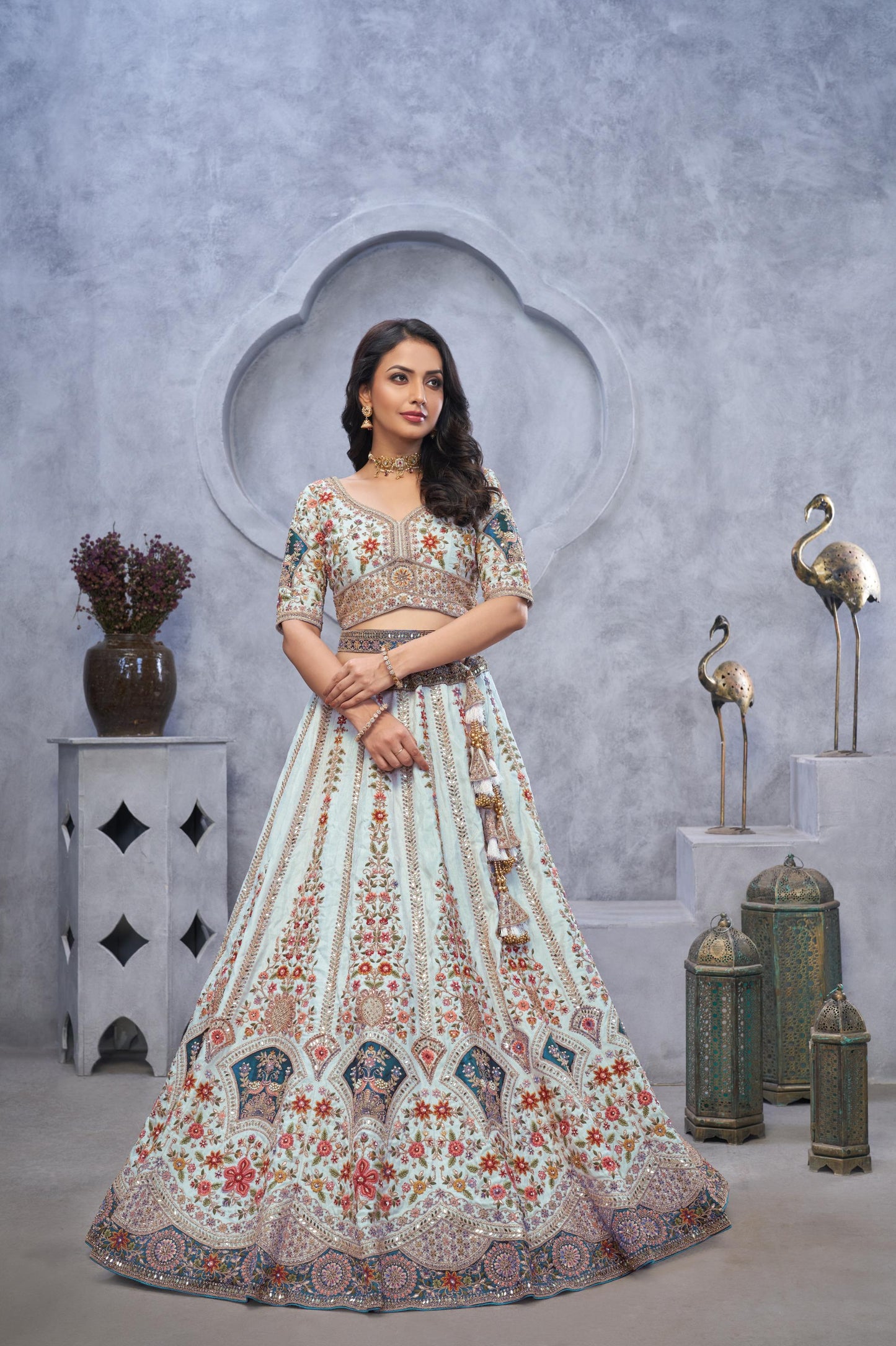 Sky Blue Banarasi Silk Lehenga With Zari Paisley Embroidery & Peacock Motifs