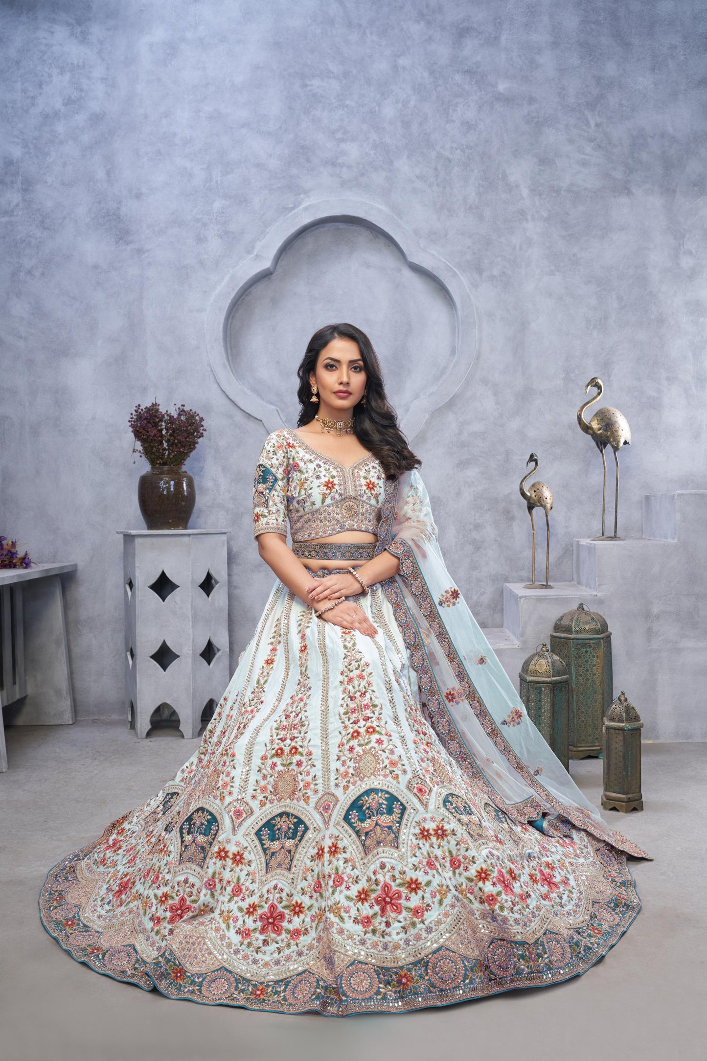 Sky Blue Banarasi Silk Lehenga With Zari Paisley Embroidery & Peacock Motifs