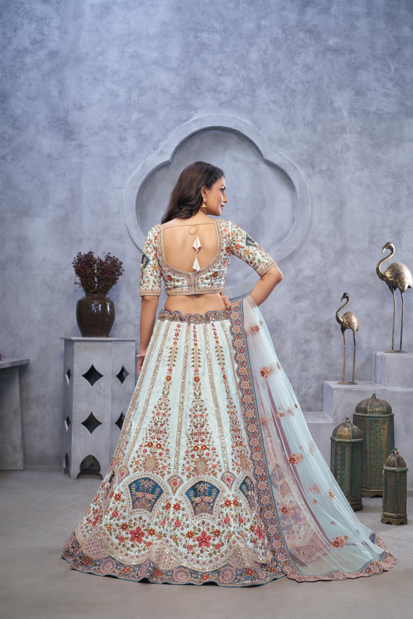 Sky Blue Banarasi Silk Lehenga With Zari Paisley Embroidery & Peacock Motifs