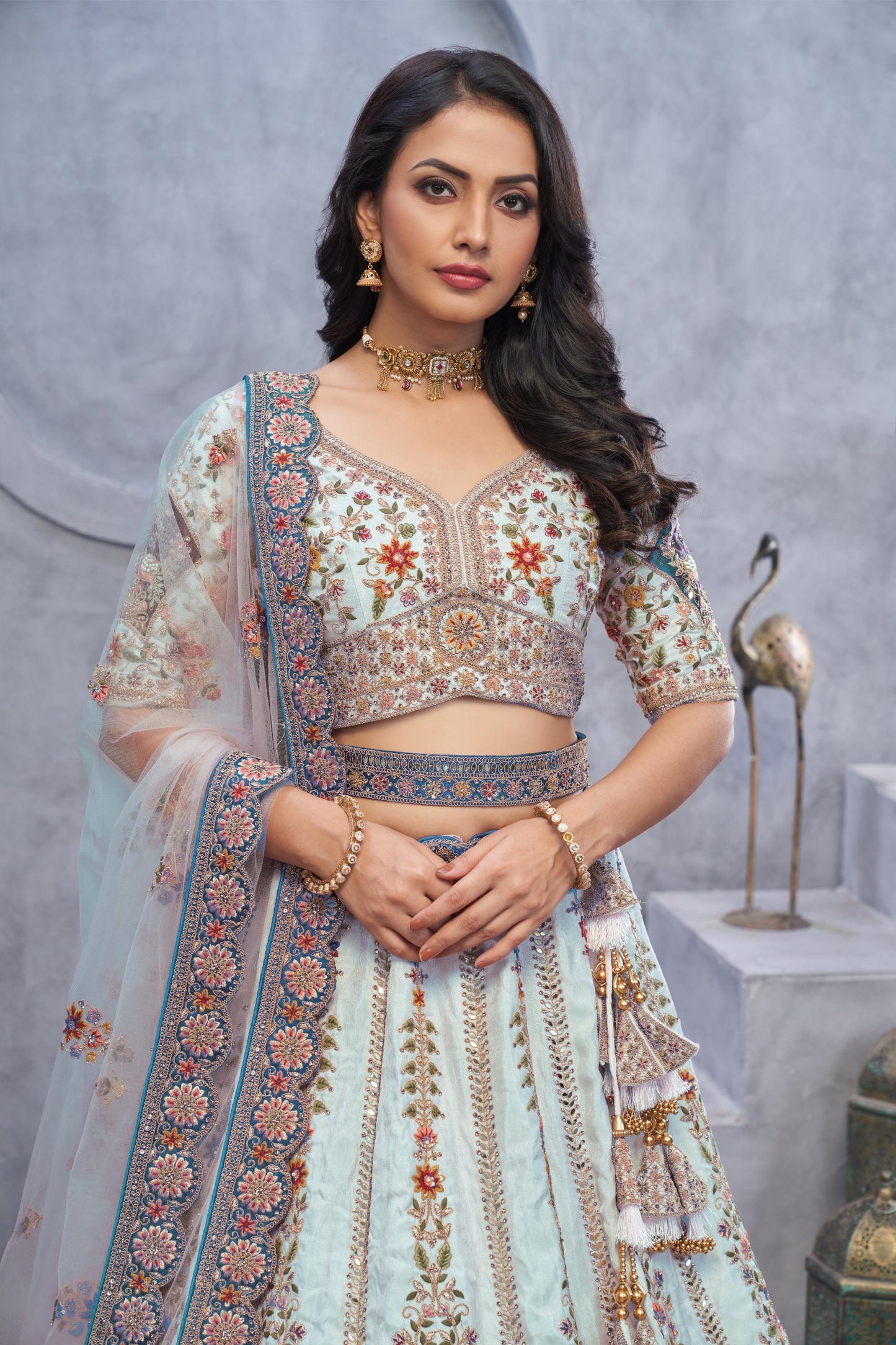 Sky Blue Banarasi Silk Lehenga With Zari Paisley Embroidery & Peacock Motifs