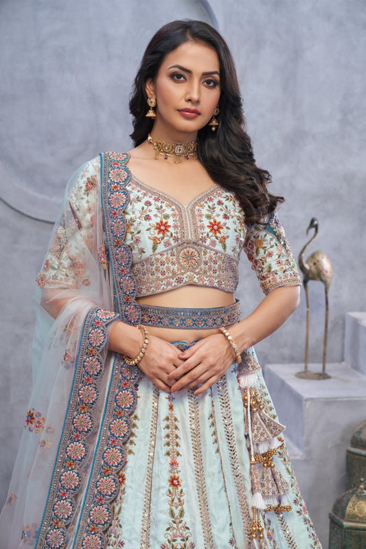 Sky Blue Banarasi Silk Lehenga With Zari Paisley Embroidery & Peacock Motifs