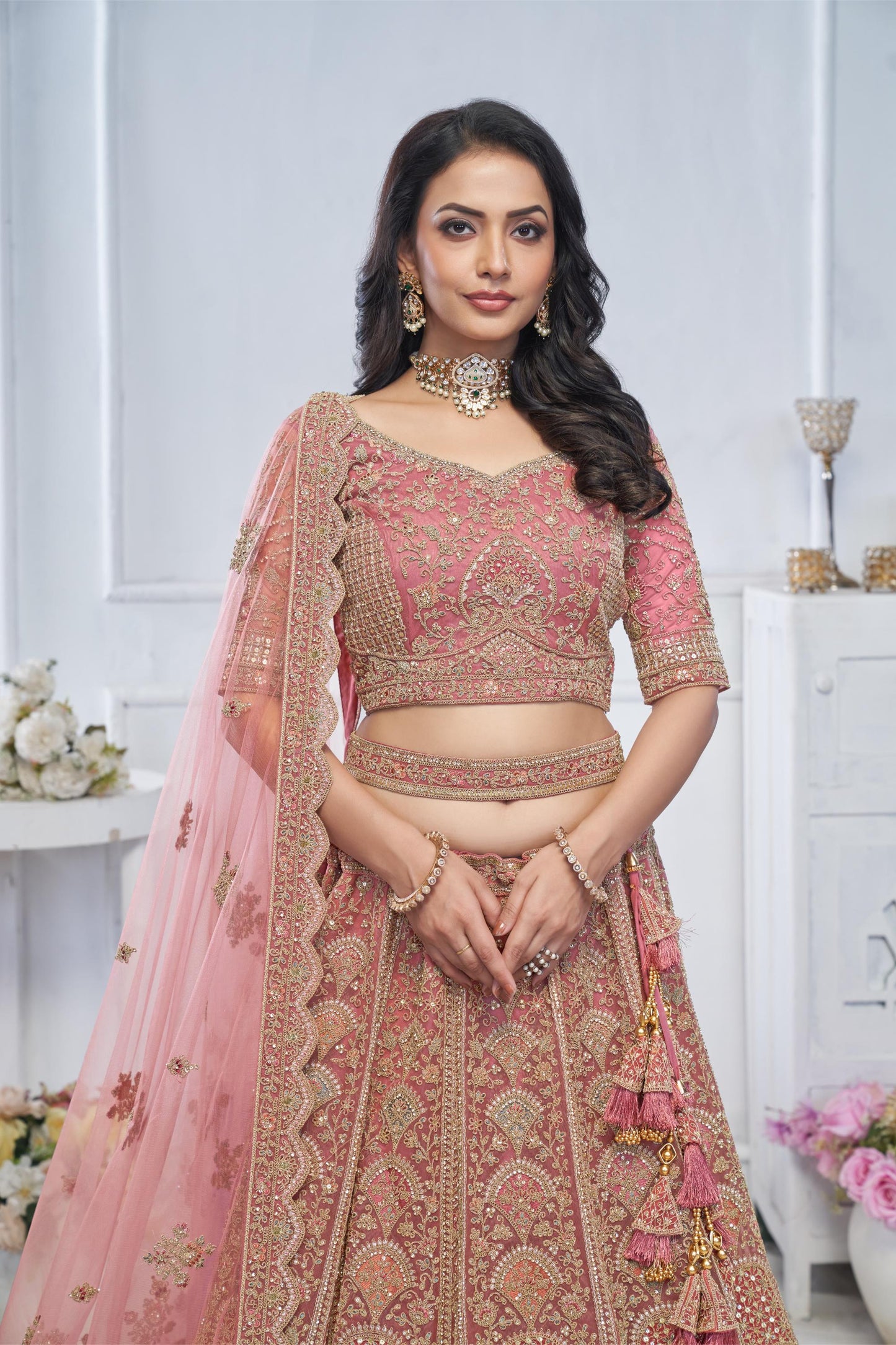 Onion Pink Motif Embroidered Soft Net Bridal lehenga