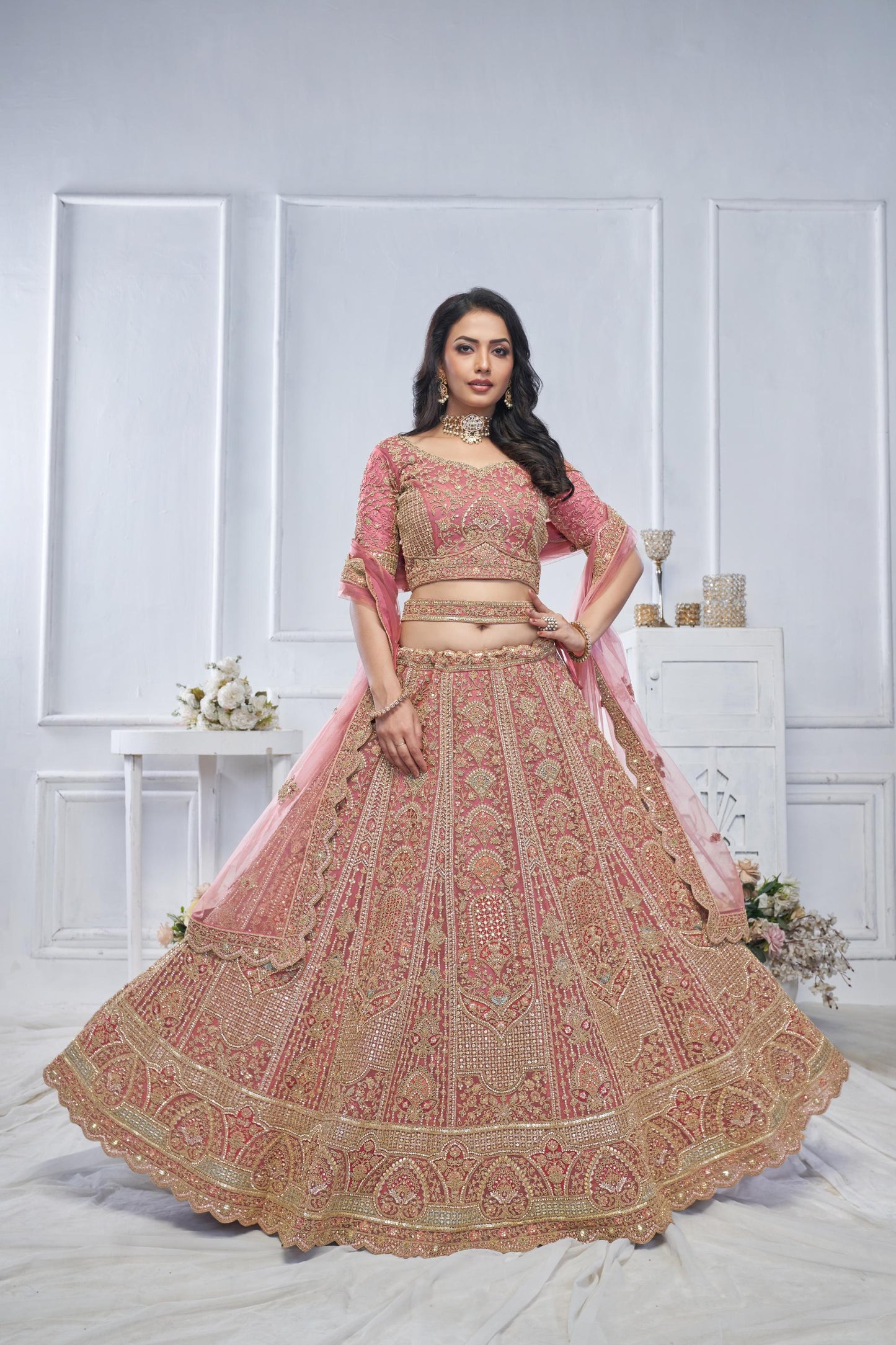 Onion Pink Motif Embroidered Soft Net Bridal lehenga