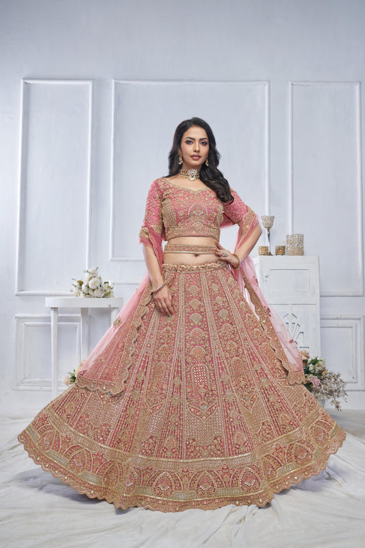 Onion Pink Motif Embroidered Soft Net Bridal lehenga