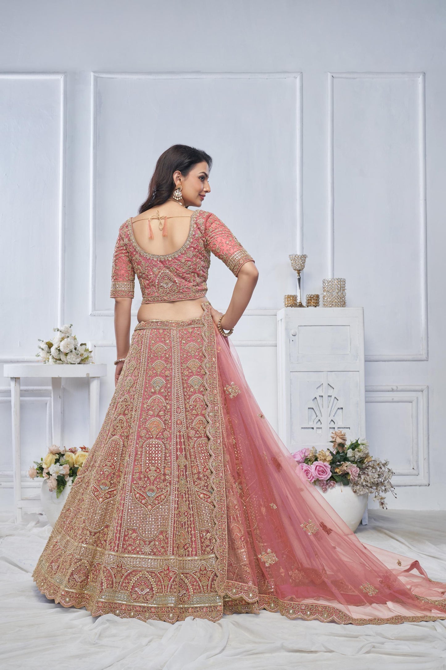 Onion Pink Motif Embroidered Soft Net Bridal lehenga