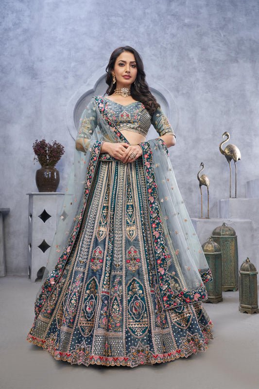 Grey Organza Silk Intricate Paisley Motifs Traditional Embroidered Wedding Lehenga Choli