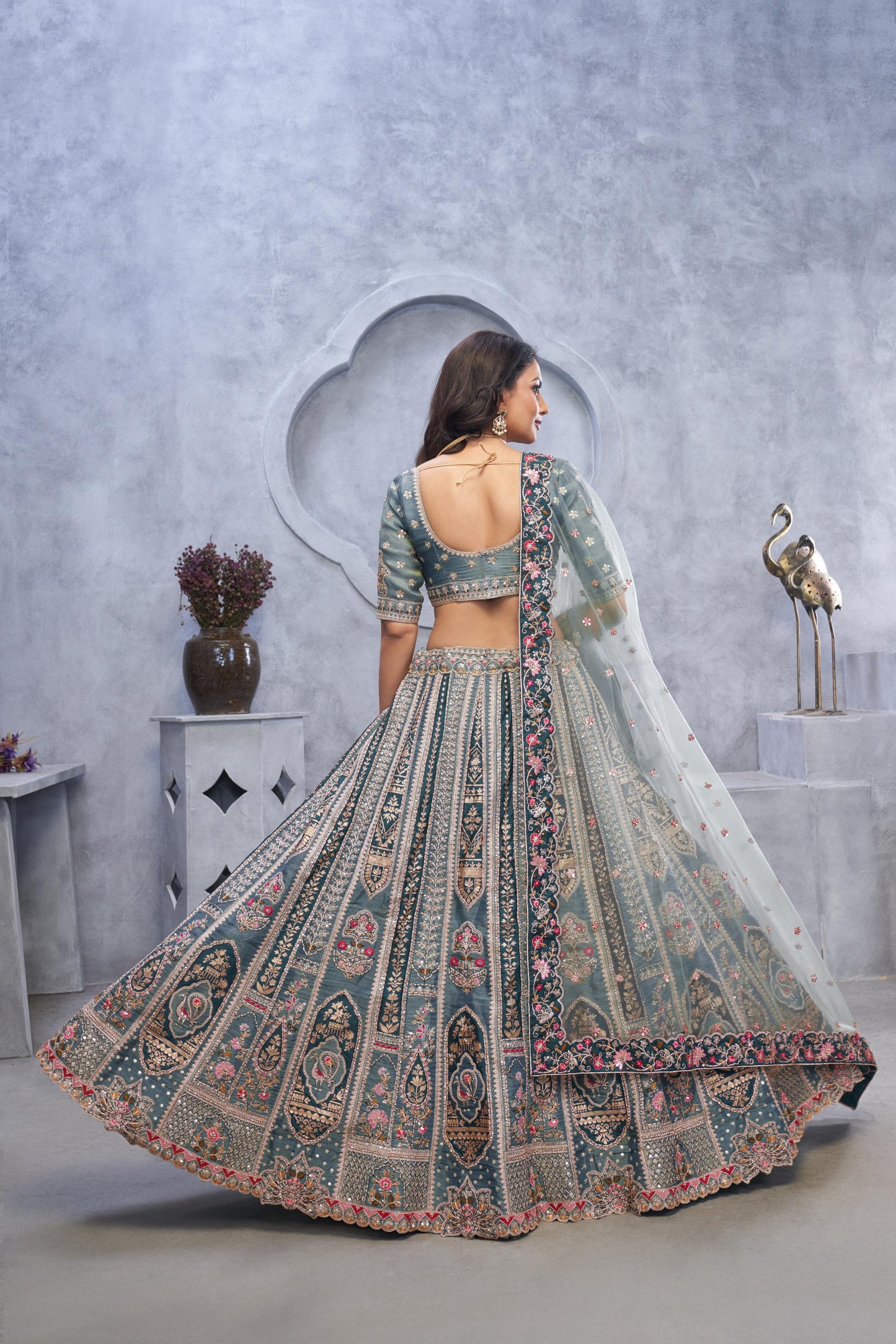 Grey Organza Silk Intricate Paisley Motifs Traditional Embroidered Wedding Lehenga Choli