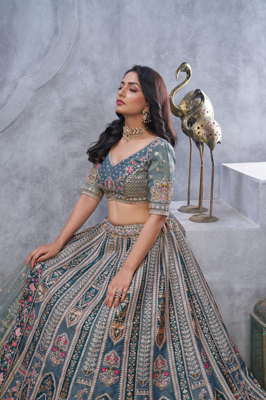 Grey Organza Silk Intricate Paisley Motifs Traditional Embroidered Wedding Lehenga Choli