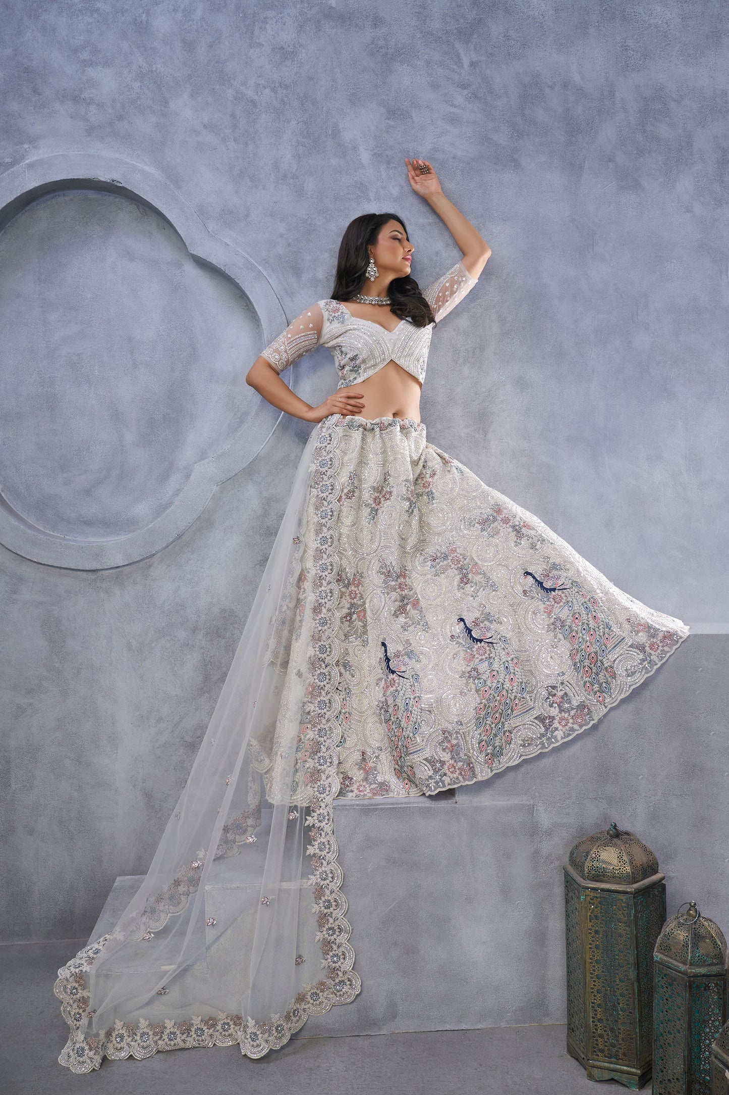 Alluring Bel Butti Pattern Ivory Sangeet Lehenga Choli